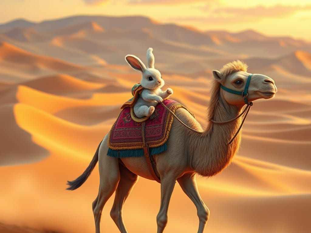 Rabbit Rides Camel Through Vibrant Desert, Whimsical Style