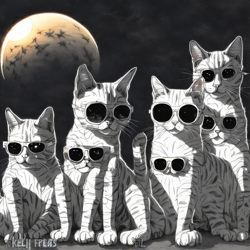 Cats Watch Eclipse in Sci-Fi Illustration Style