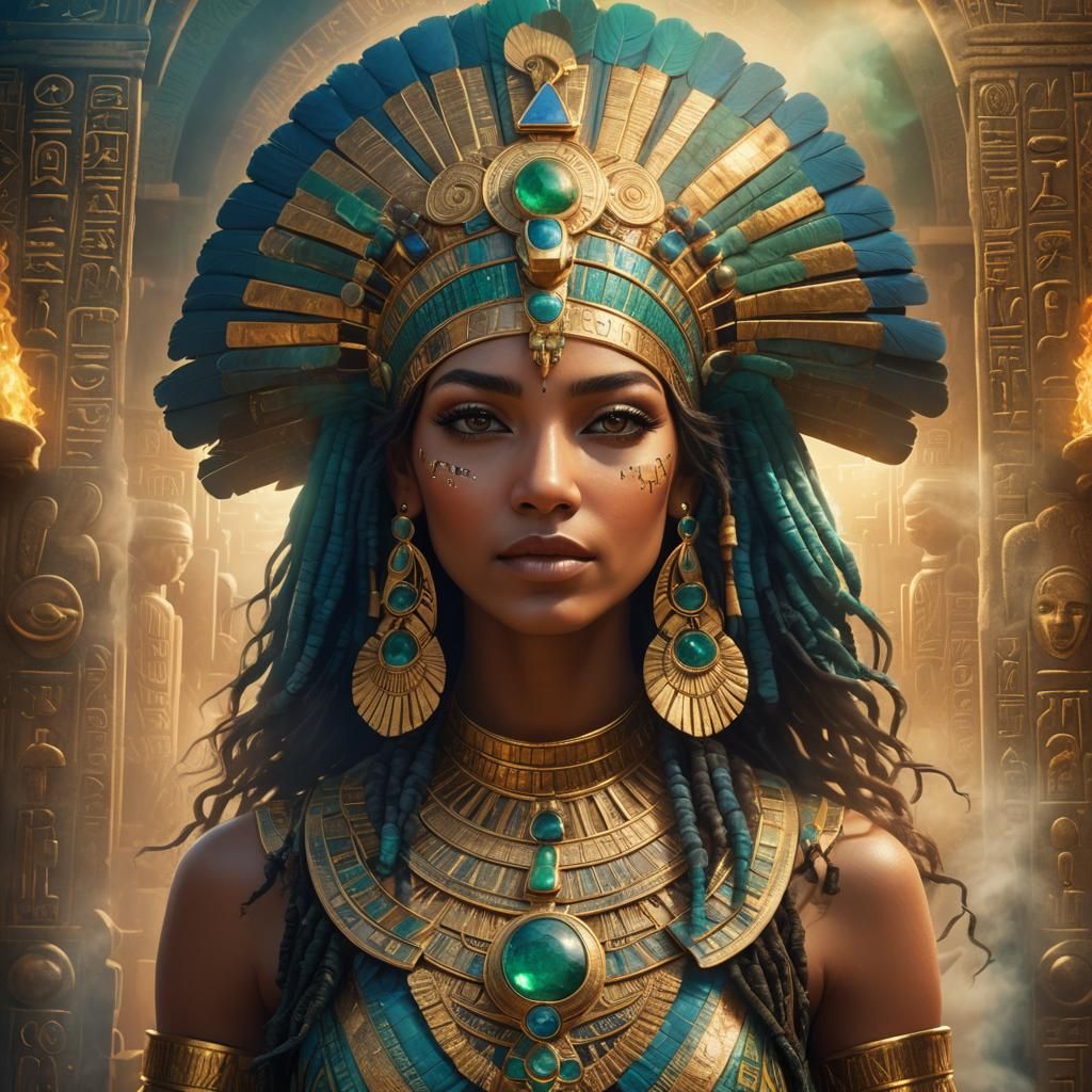 Egyptian Woman Portrait with Hieroglyphics in Art Deco Style