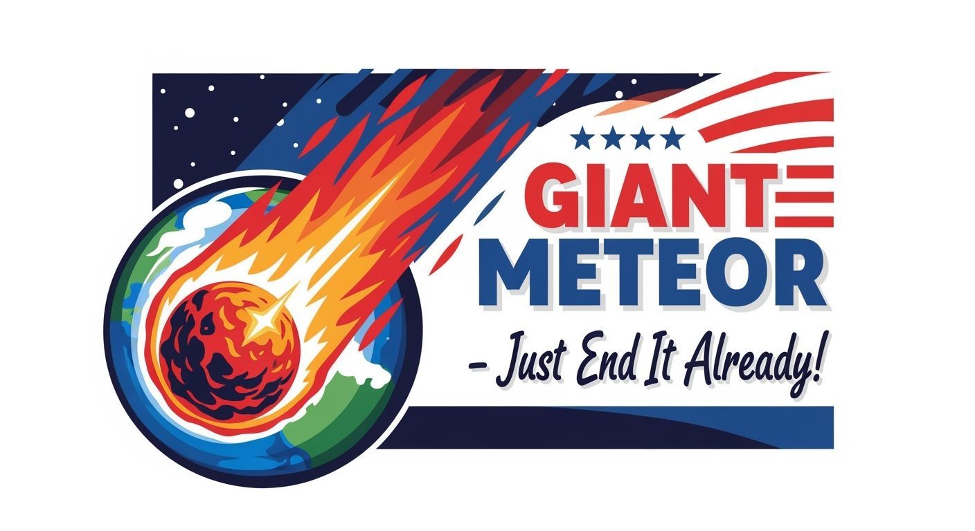 Satirical Meteor Bumper Sticker Design: 'Just End It Already...