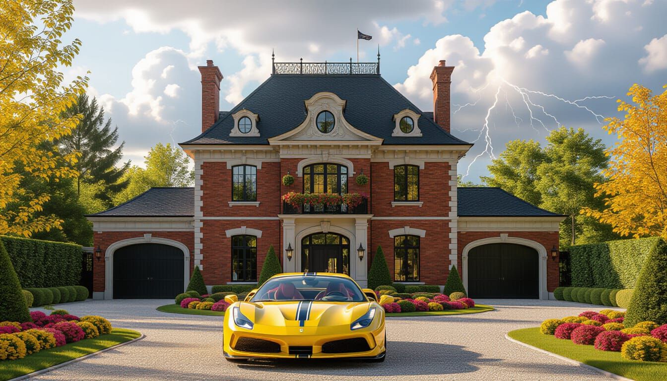 Victorian Chateau With Yellow Ferrari in Stormy Garden