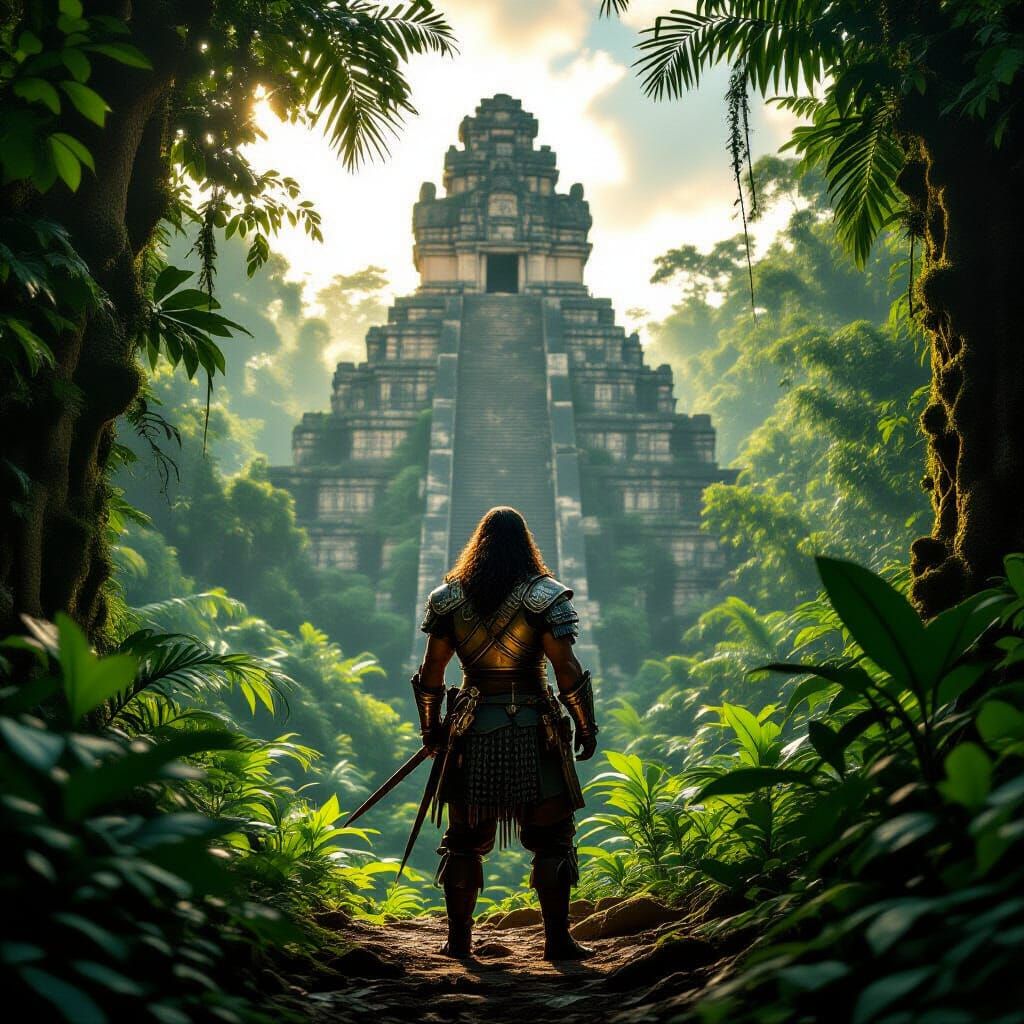 Conquistador in Lush Jungle by Maya Pyramid