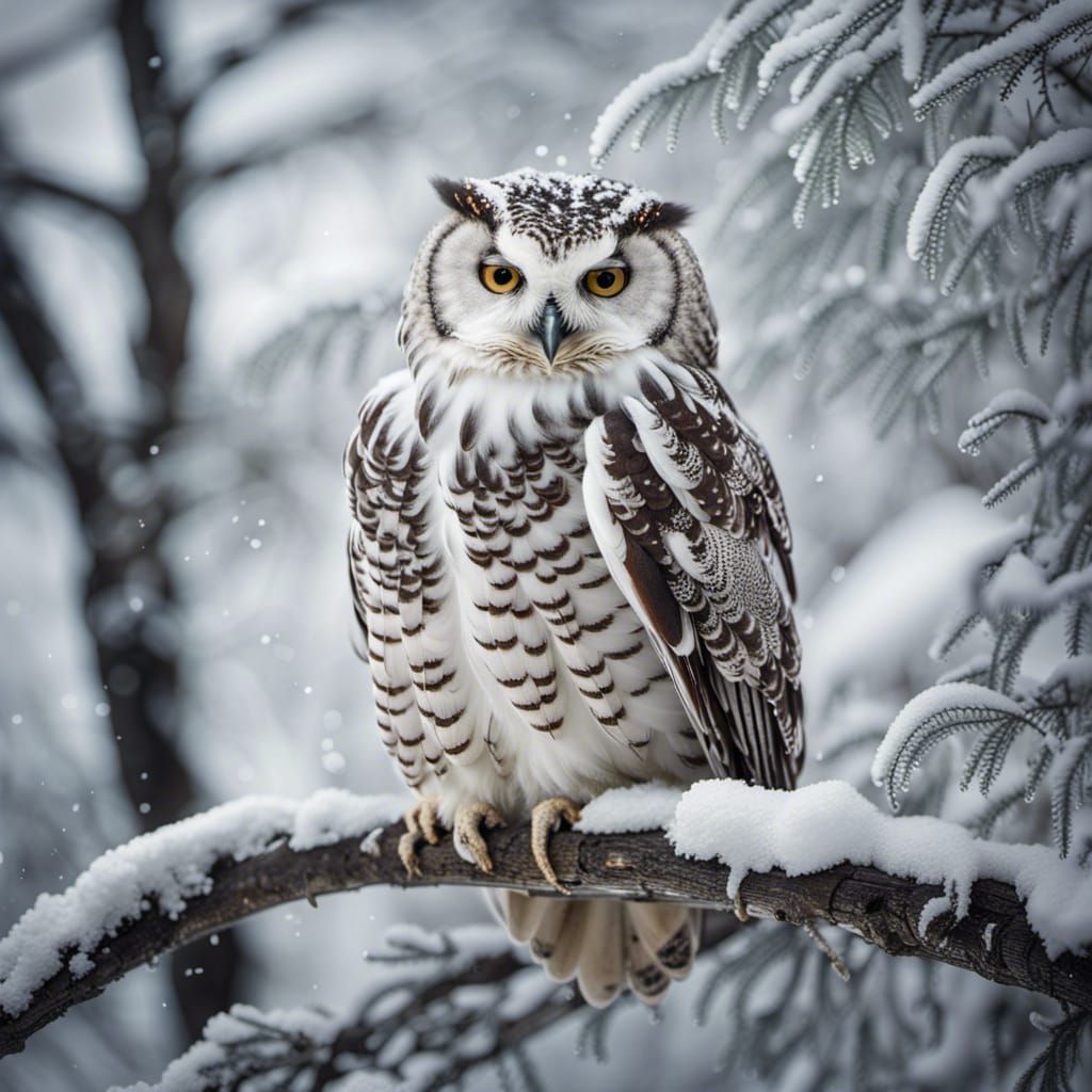 Snowy Owl Portrait in Winter Forest