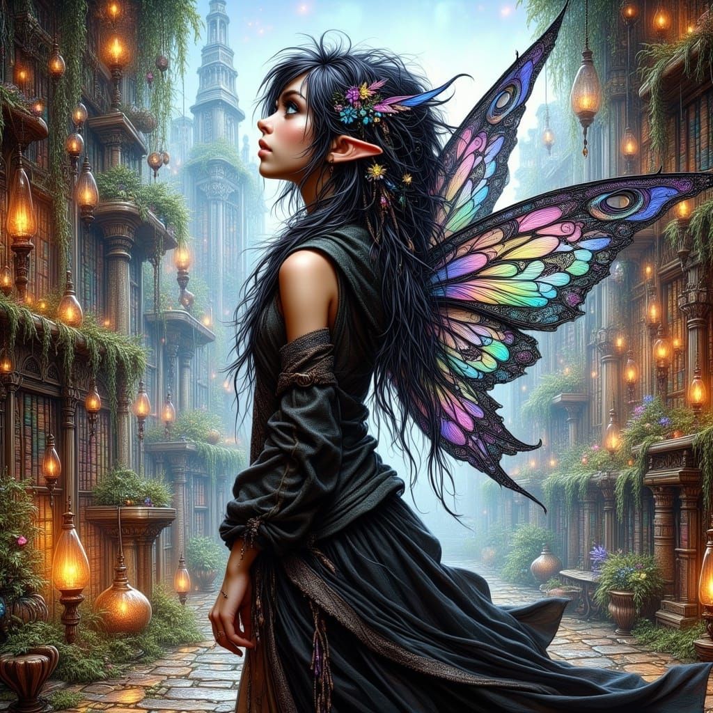 Regal Fairy Amidst a Futuristic, Post-Apocalyptic Landscape