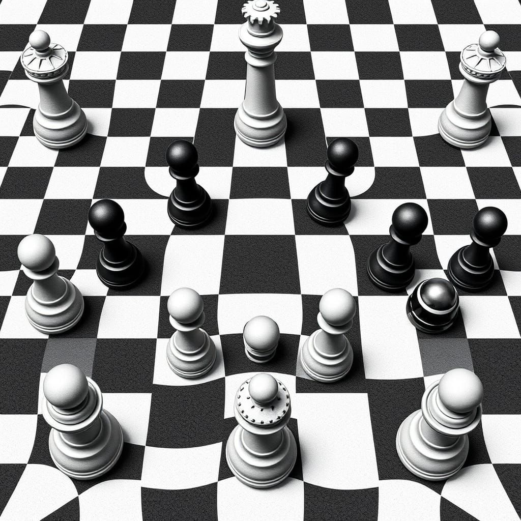 A chess game where pieces and squares shift in pattern based on strategy, with polka dots indicating intent, done in Esc...