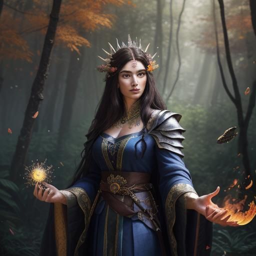 Magical Brunette Goddess Casting Spell in Enchanted Forest