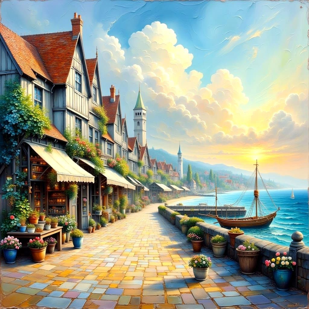 Coastal Market Town in Impasto Oil Painting Style