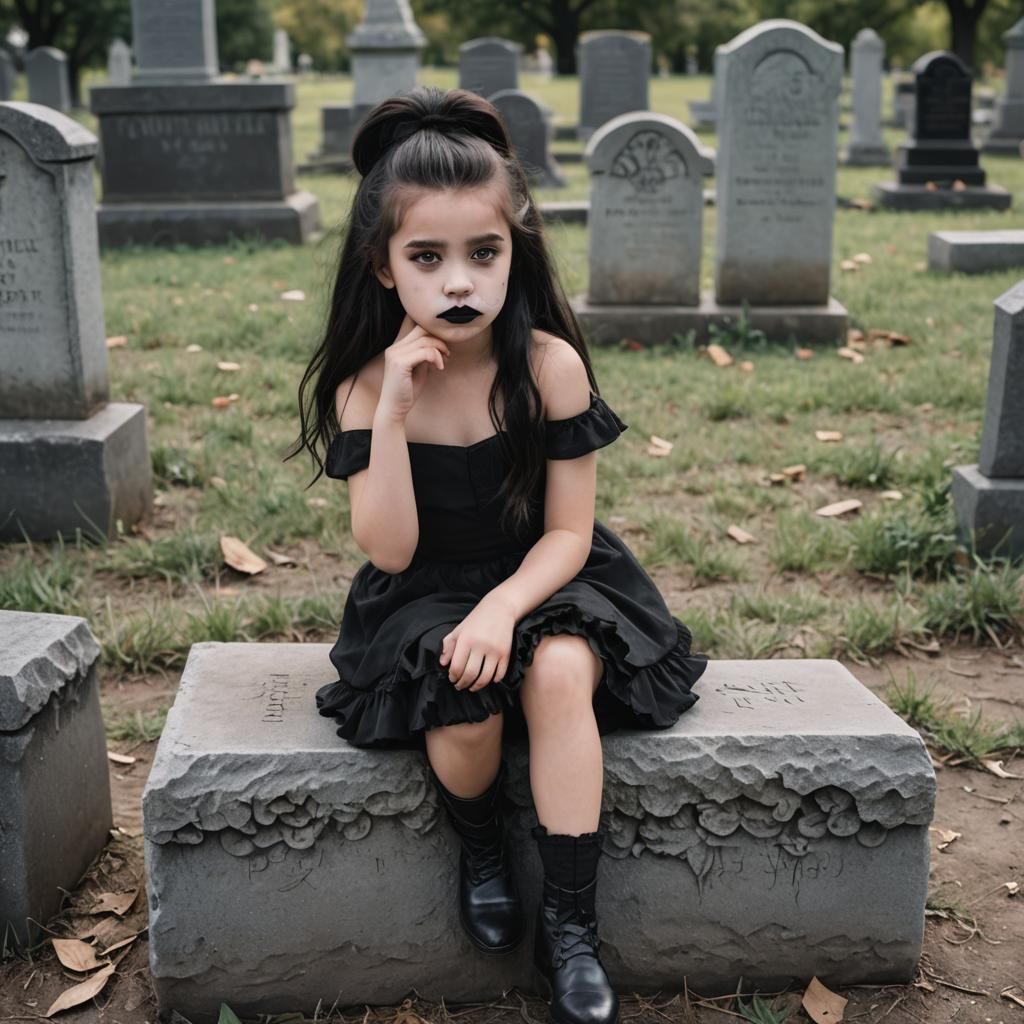 Pale Girl on Tombstone with Black Lipstick