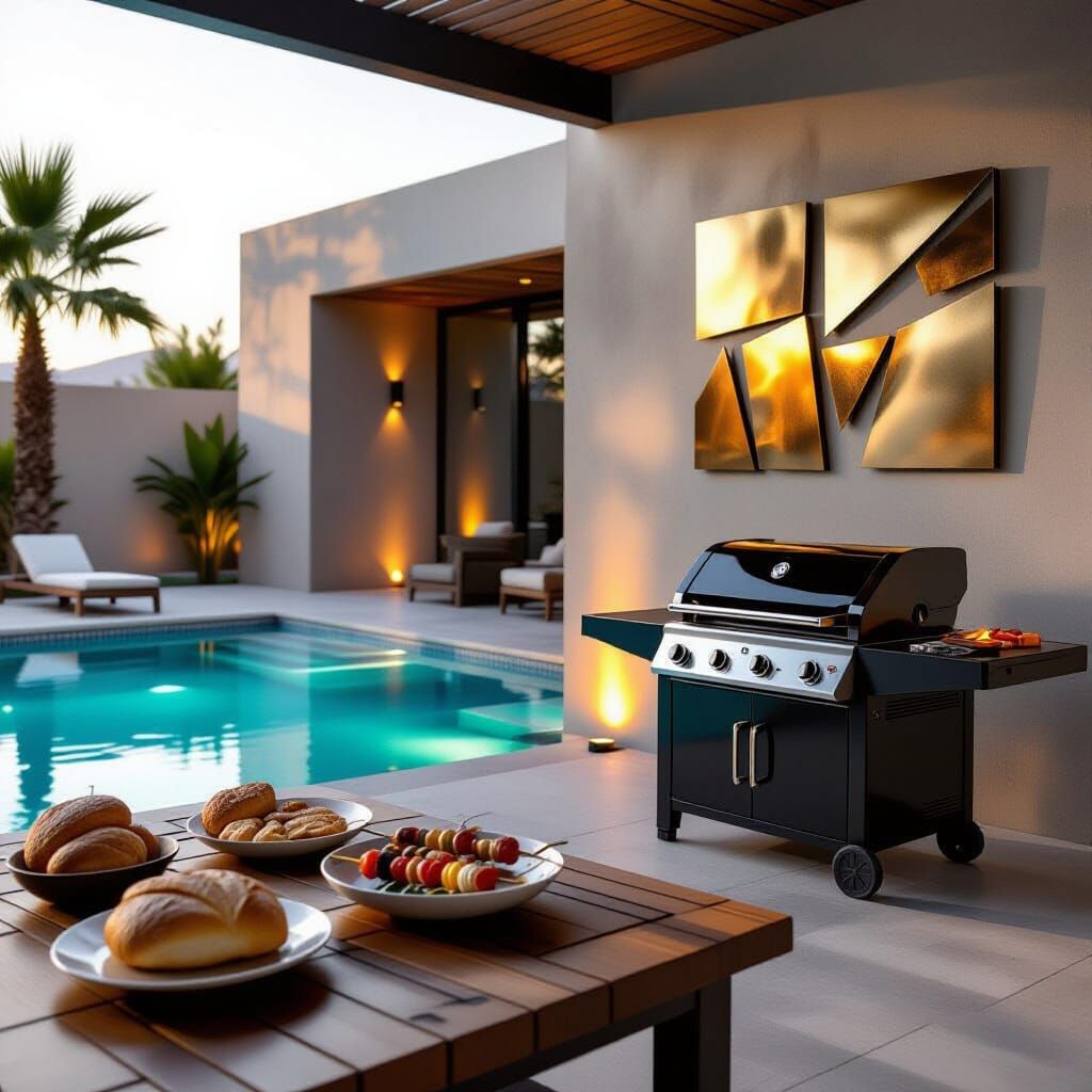 Modern Indoor Scene with Pool and BBQ in Cinematic Lighting