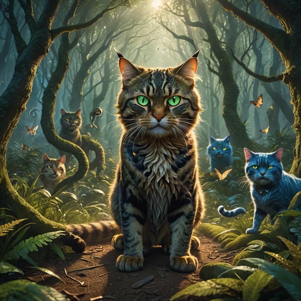 Angry Cat Faces Happy Cat in Mystical Forest