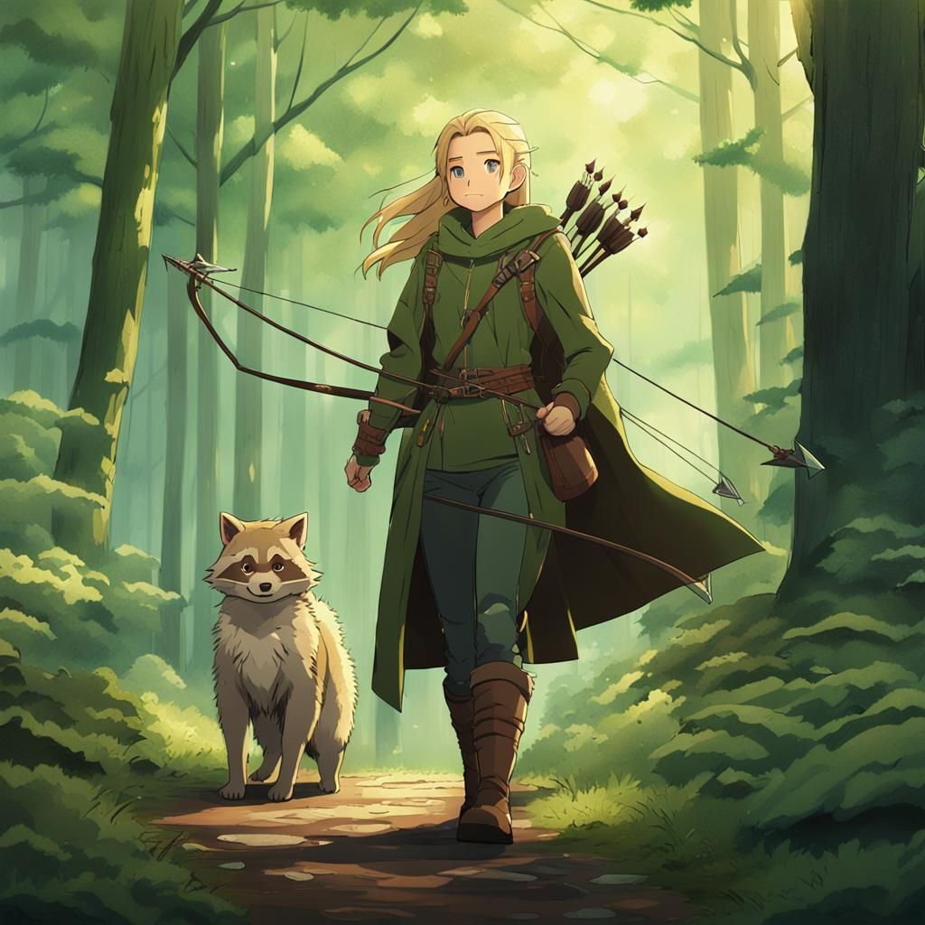 Wood Elf Ranger with Raccoon in Anime Style