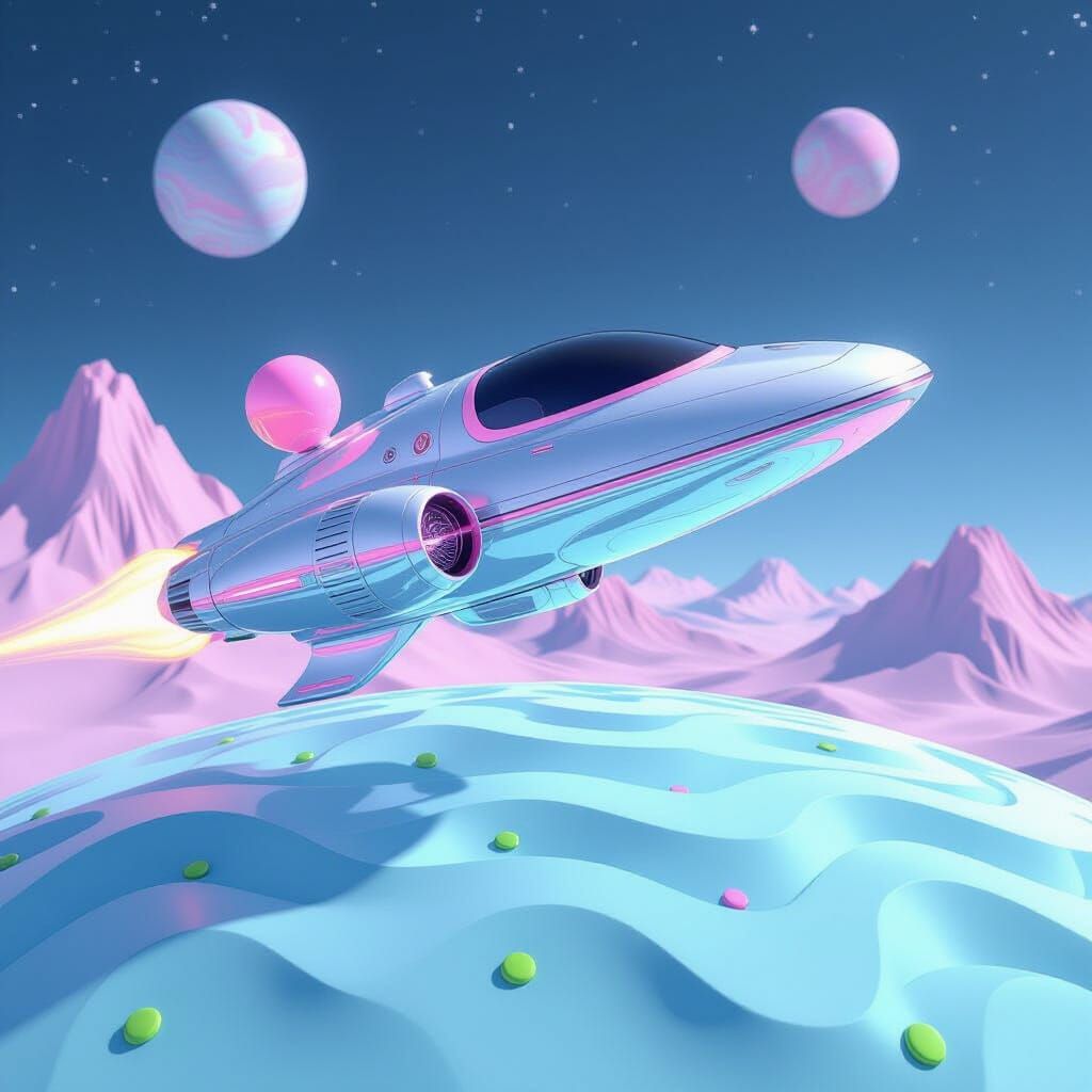 Sleek Silver Jetship over Alien Fabric Planet