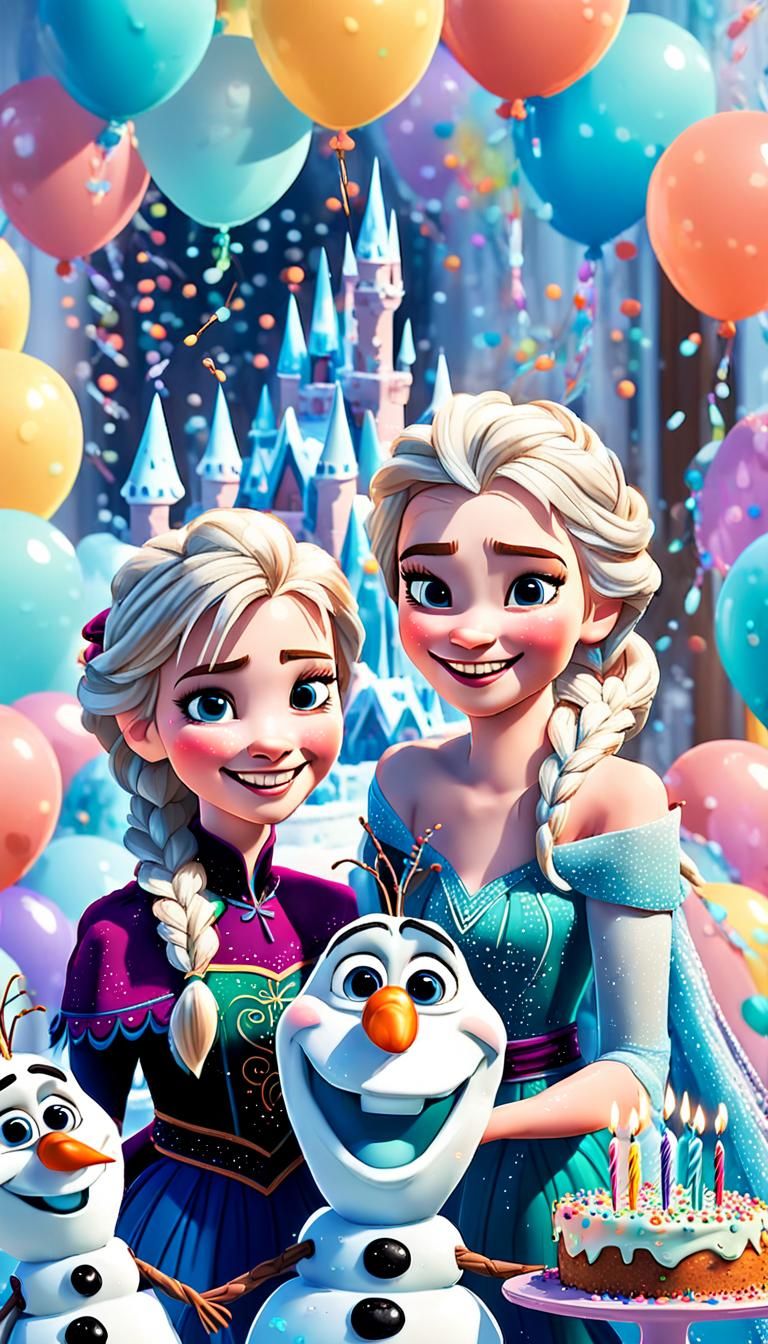 Elsa and Anna Celebrate with Olaf: Whimsical Disney Art