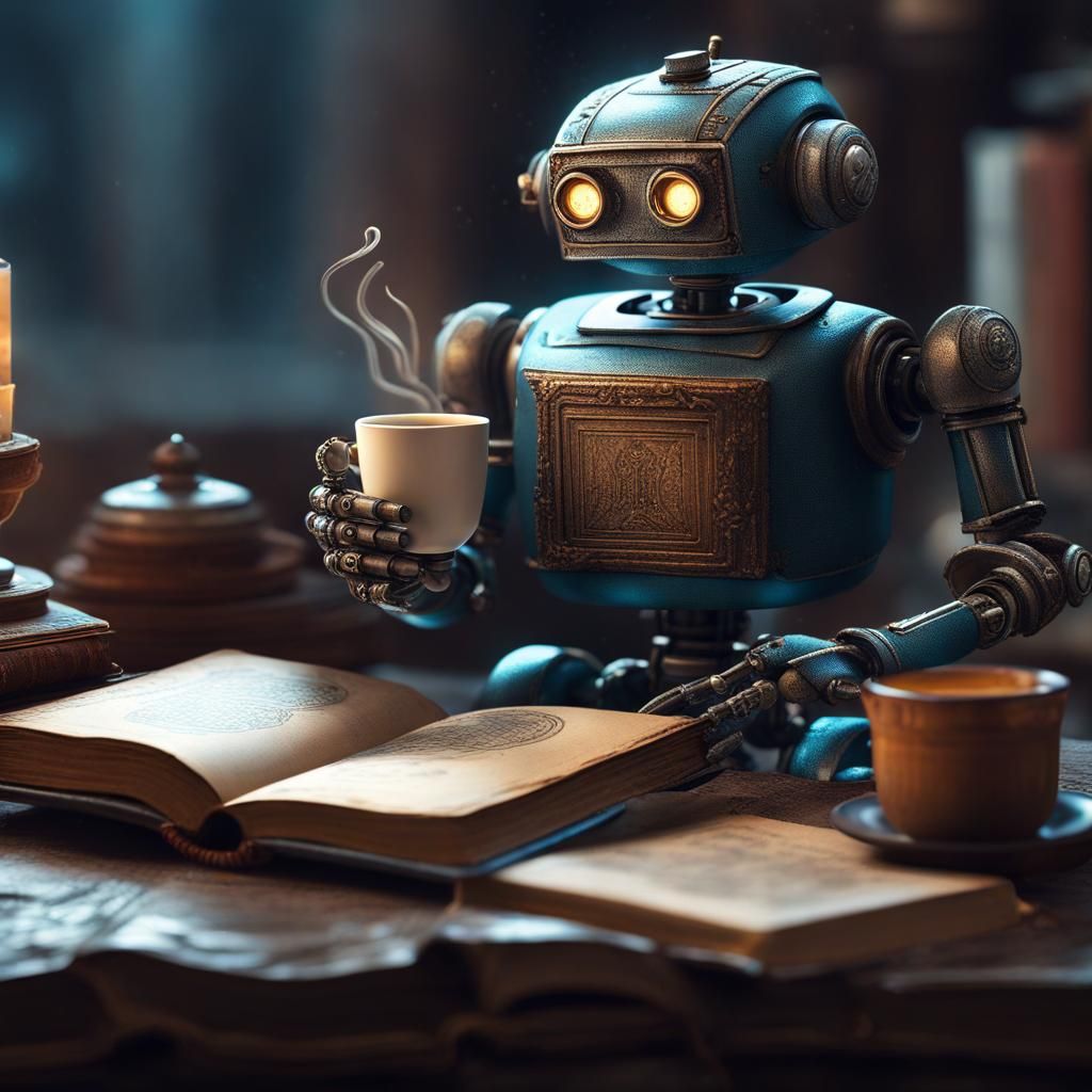 Robot Writes in Book with Coffee: Digital Matte Painting