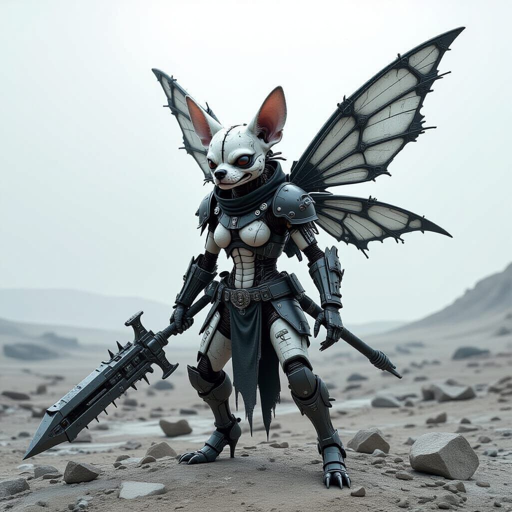 In a desolate, windswept wasteland, a grotesque punk cyberne...