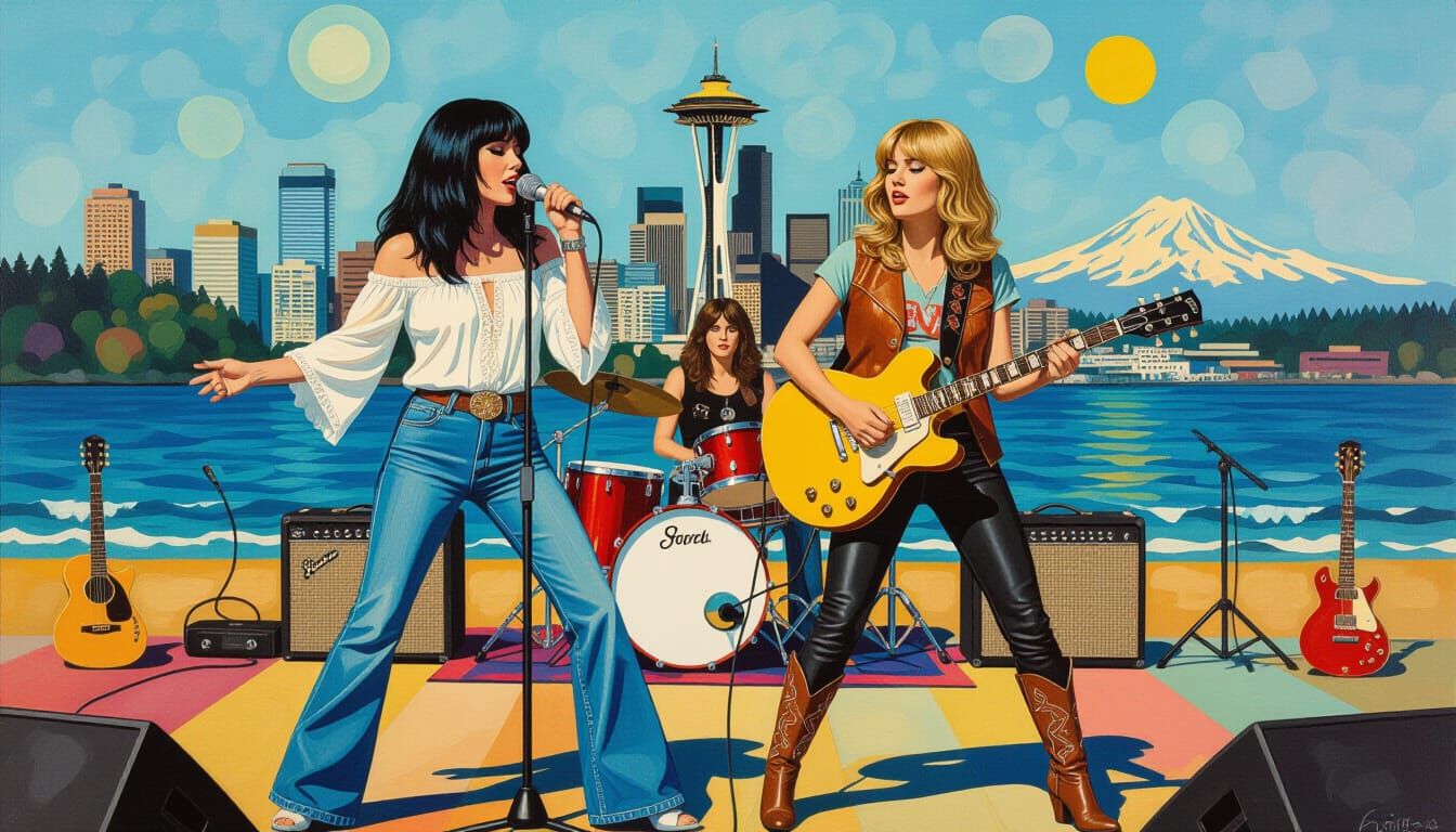 Surreal Oil Painting of Female Rock Stars Performing in Seat...
