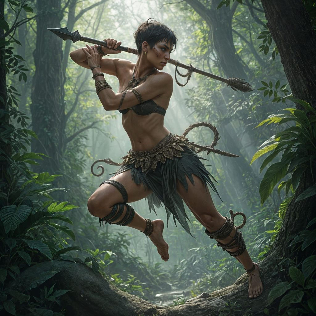 Amazonian Warrior Leaping Through Jungle, Dark Fantasy Art
