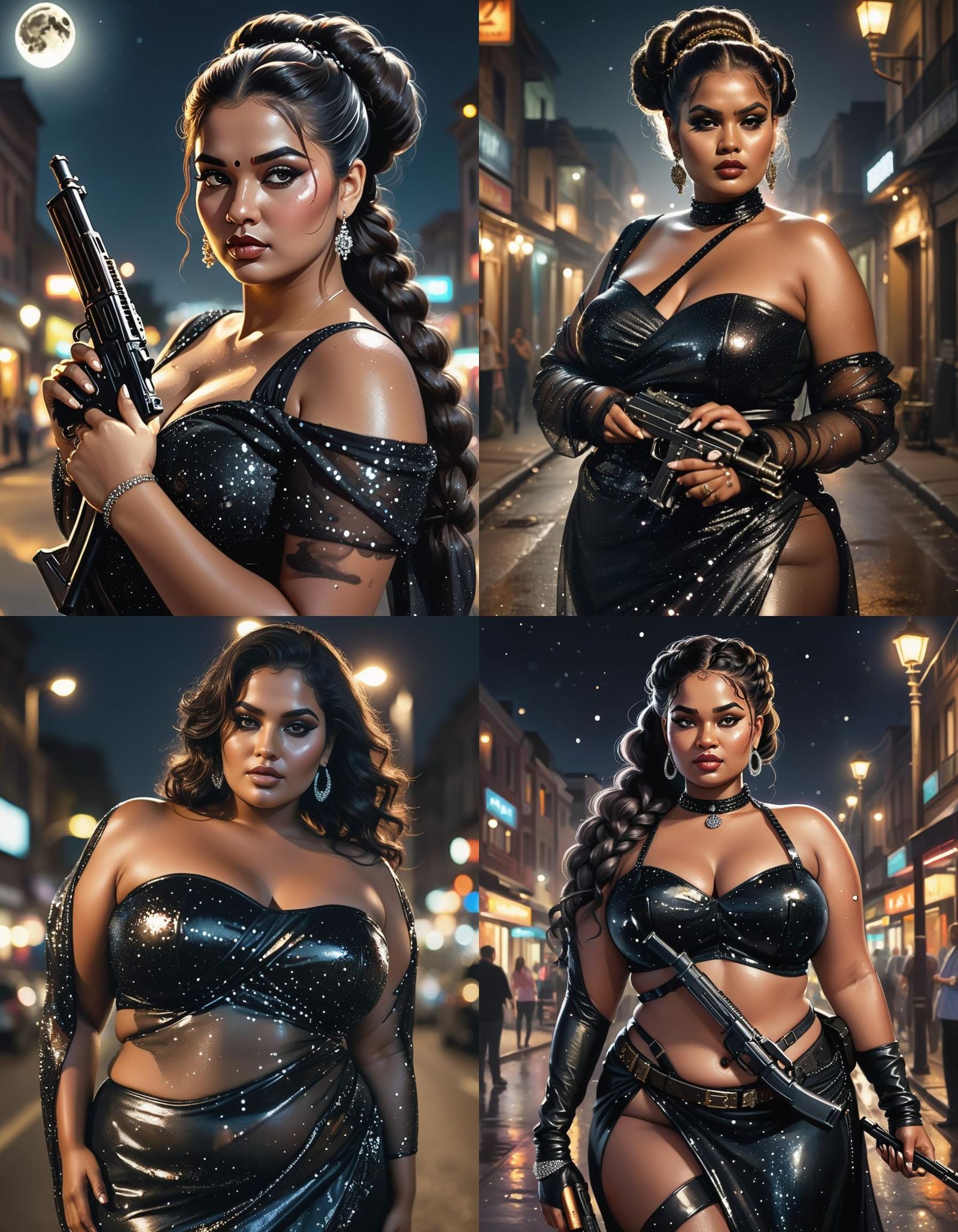 Curvy Woman with AK-47 in Glittering Saree