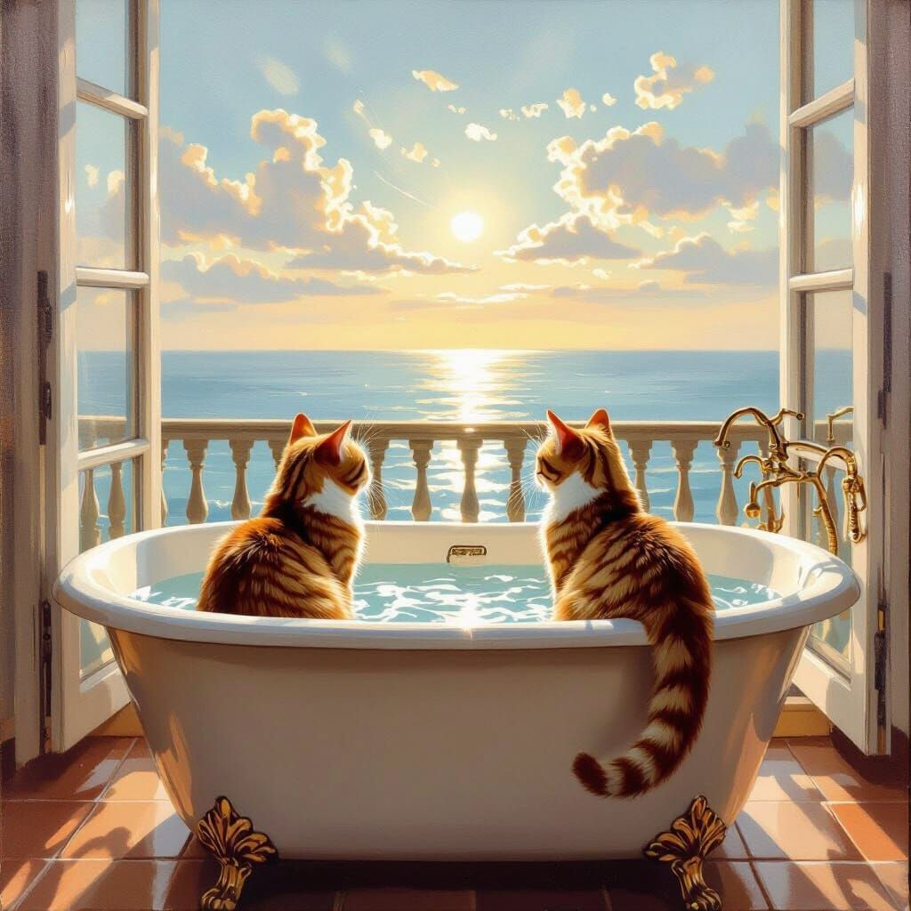 Two Cats Cuddling in a Bathtub with Ocean View