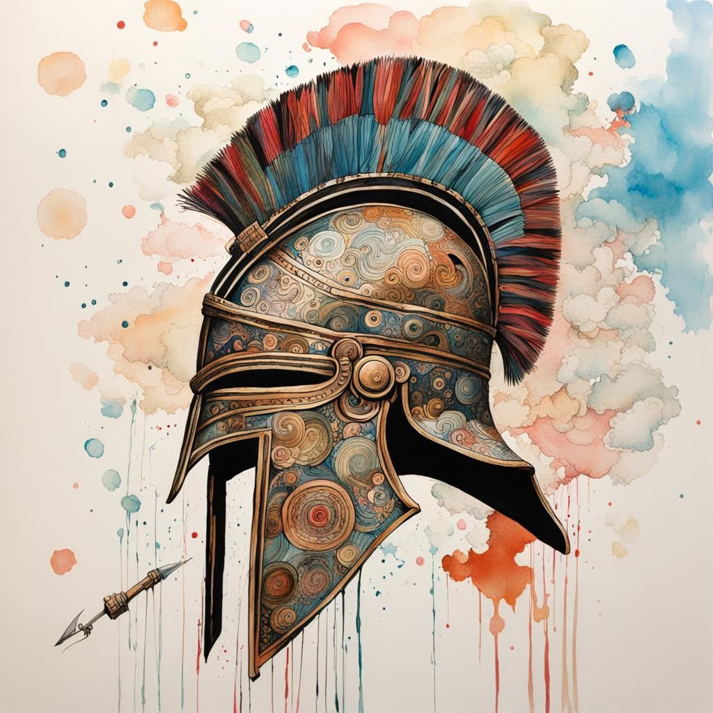 Ancient Greek Helmet: Brush Pen and Watercolor Splash
