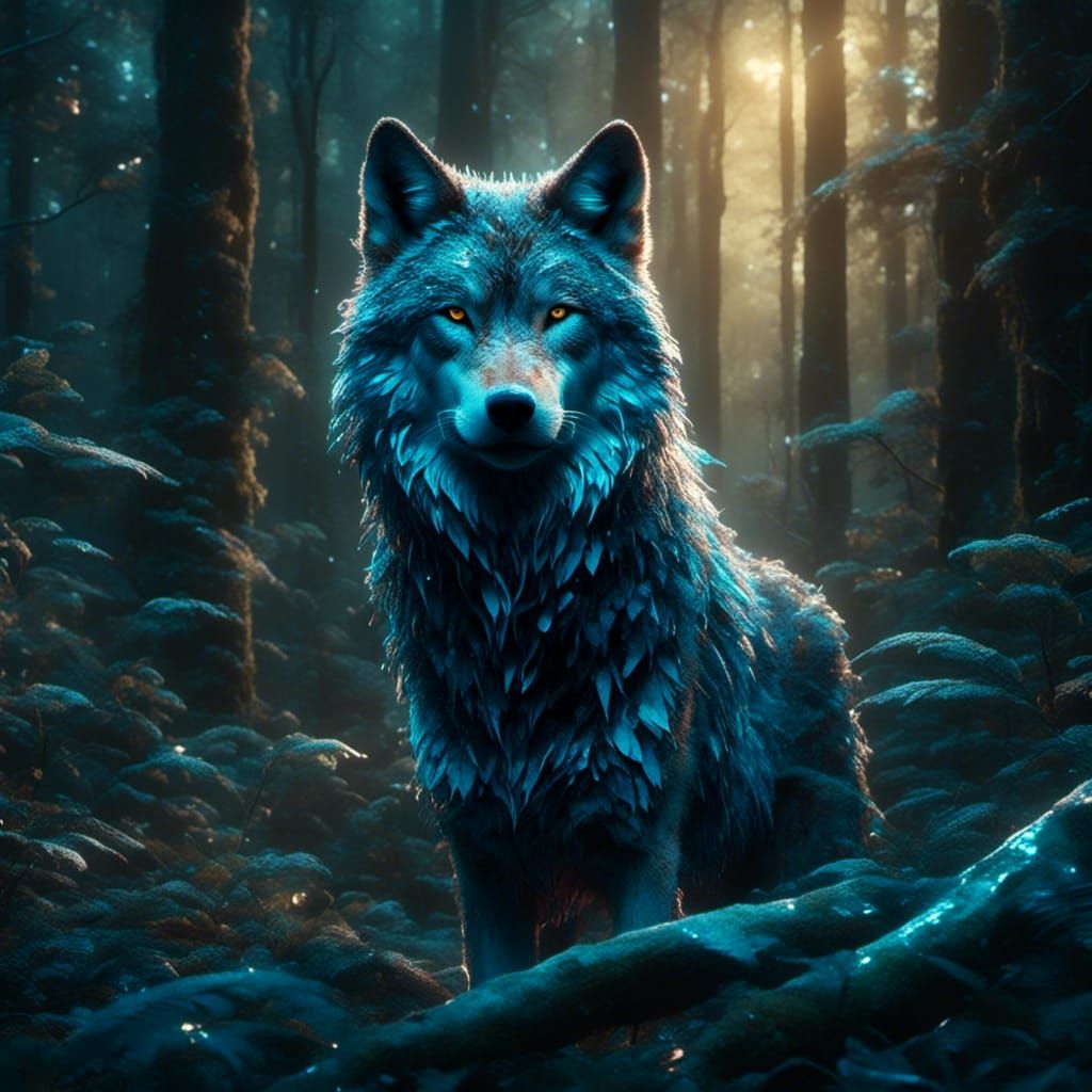 Bioluminescent Wolf in Dark Forest, Hyperrealistic Style