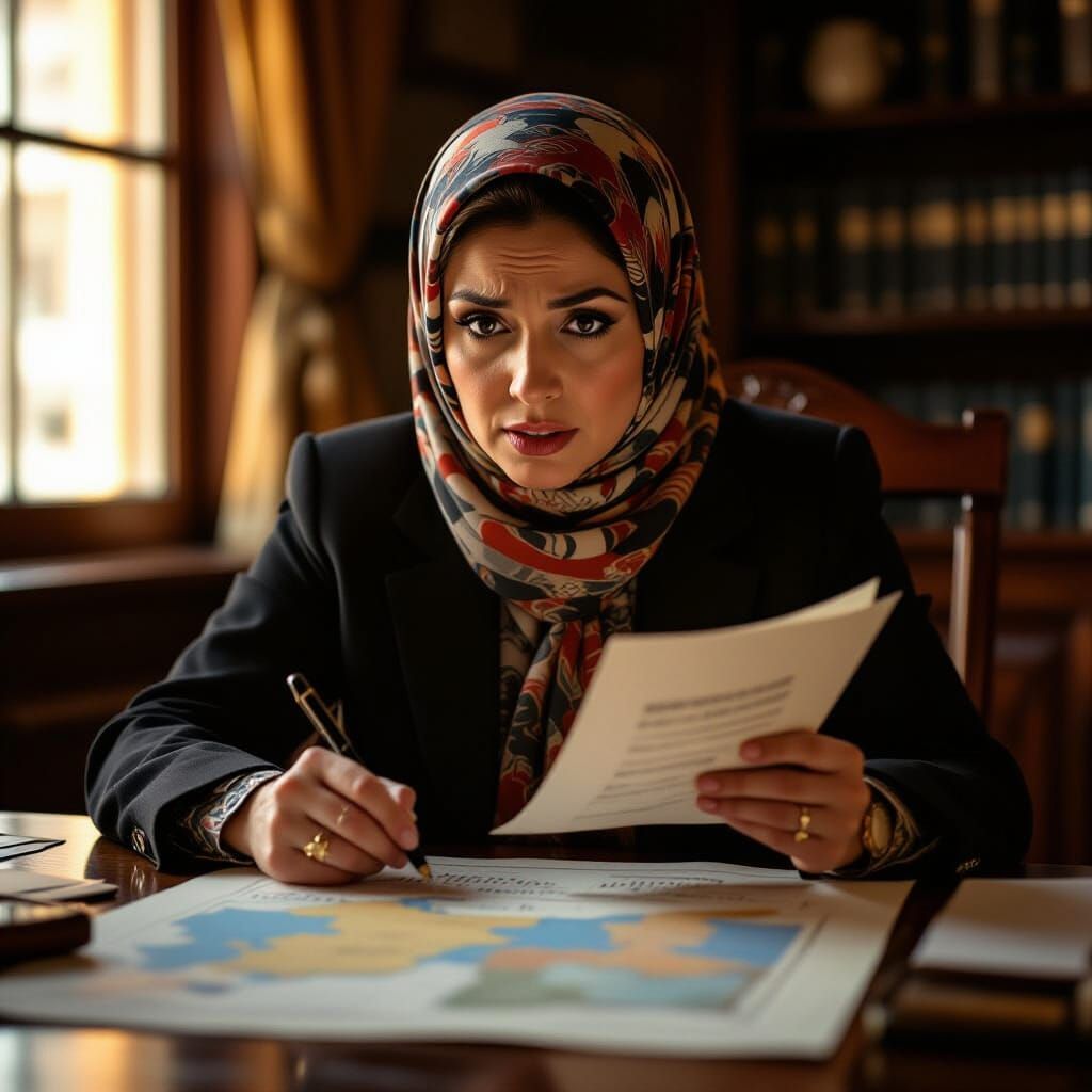 Journalist Explaining Documents with Maps and Seals