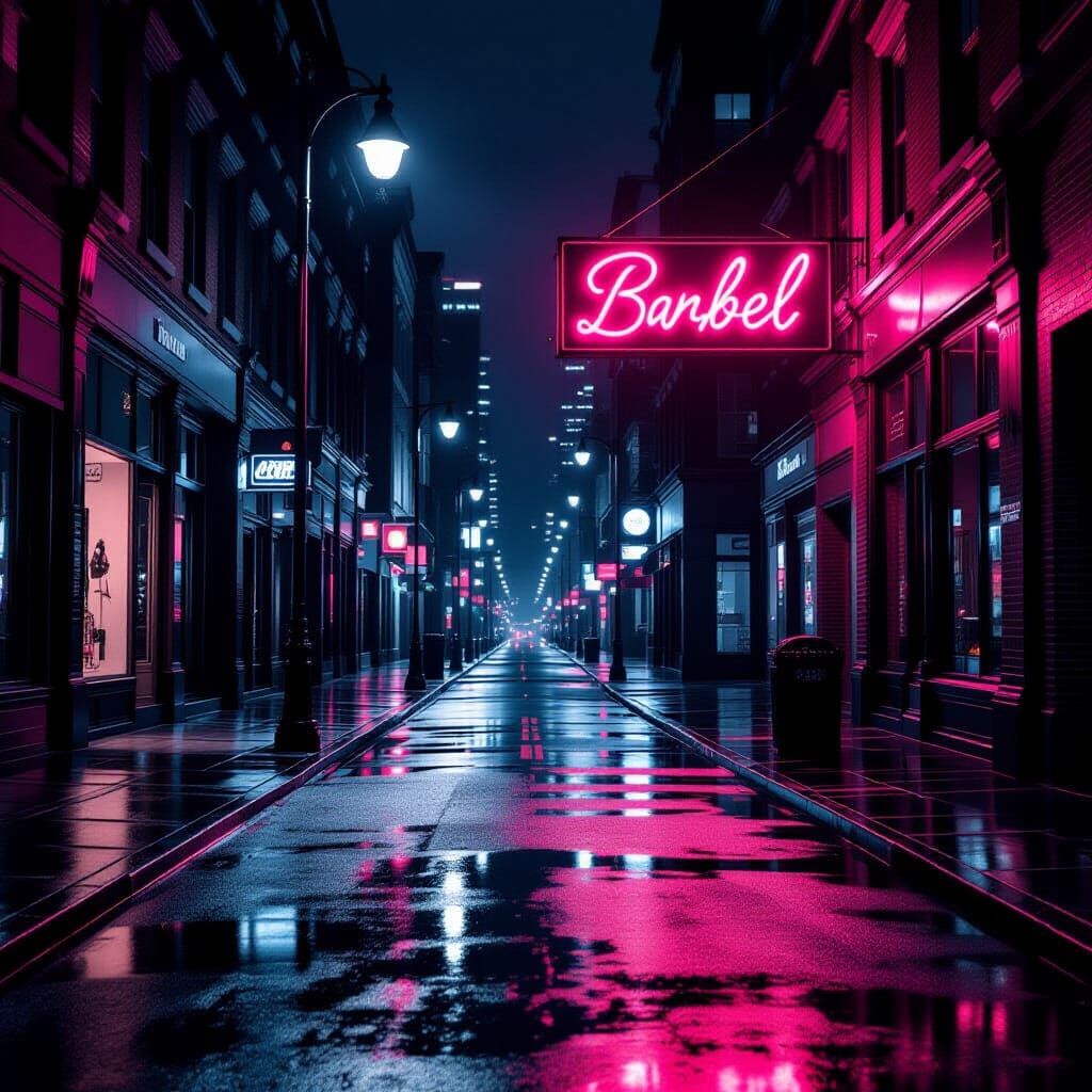 Neon Glow on Dark City Street at Night