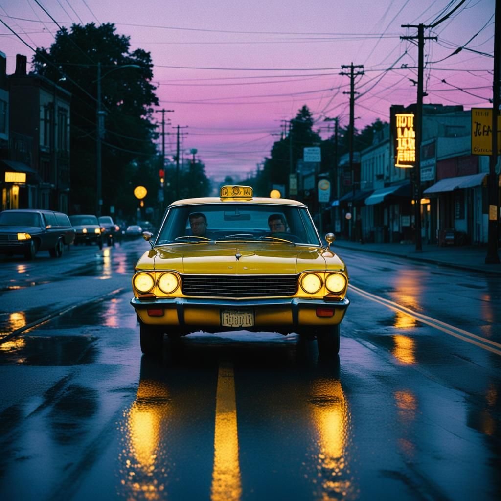 Yellow Car at Night in Cinematic Style