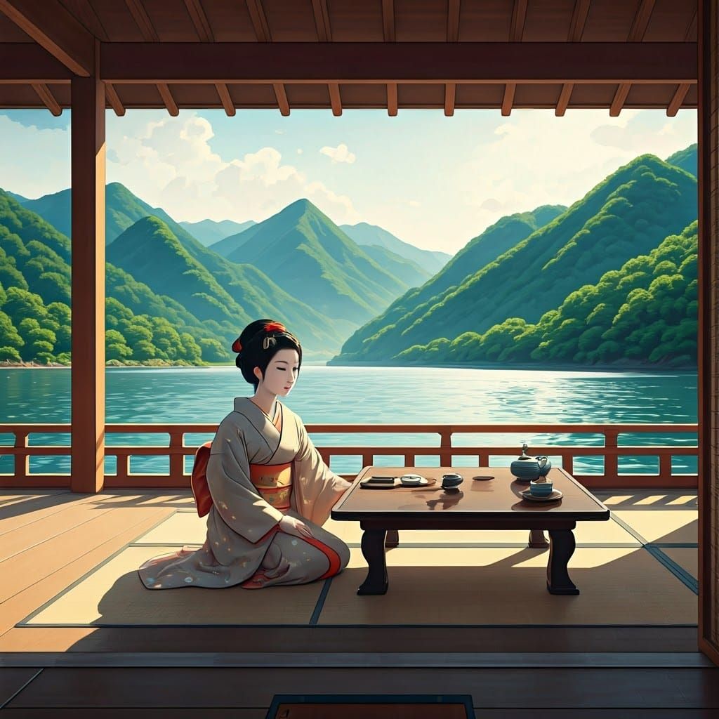 Riverboat Serenity: Ukiyo-e Style Japanese Fine Art