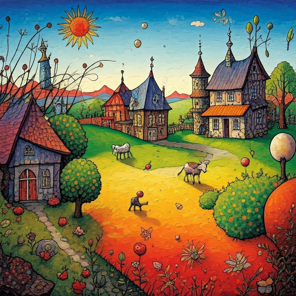 Abstract Farm Scene with Geometric Shapes and Whimsical Arch...