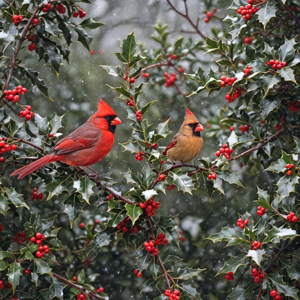 Red Cardinal in Holly Bush on Snowy Morning