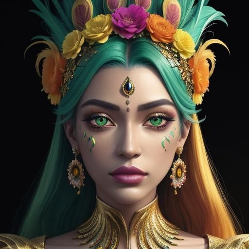 Woman with Gold Skin, Peacock Feathers, in Candy Art Style