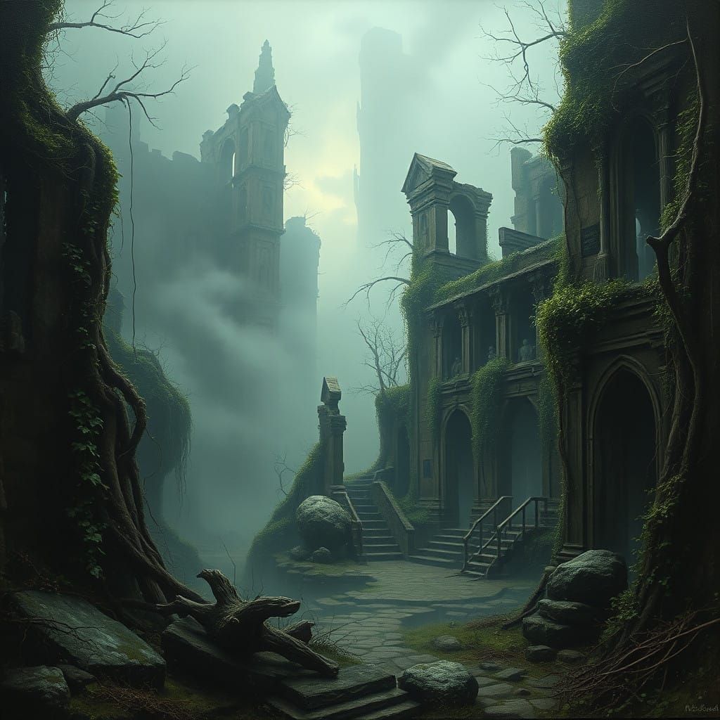 Mysterious, Ancient Landscape in Dreamlike Oil Painting Styl...