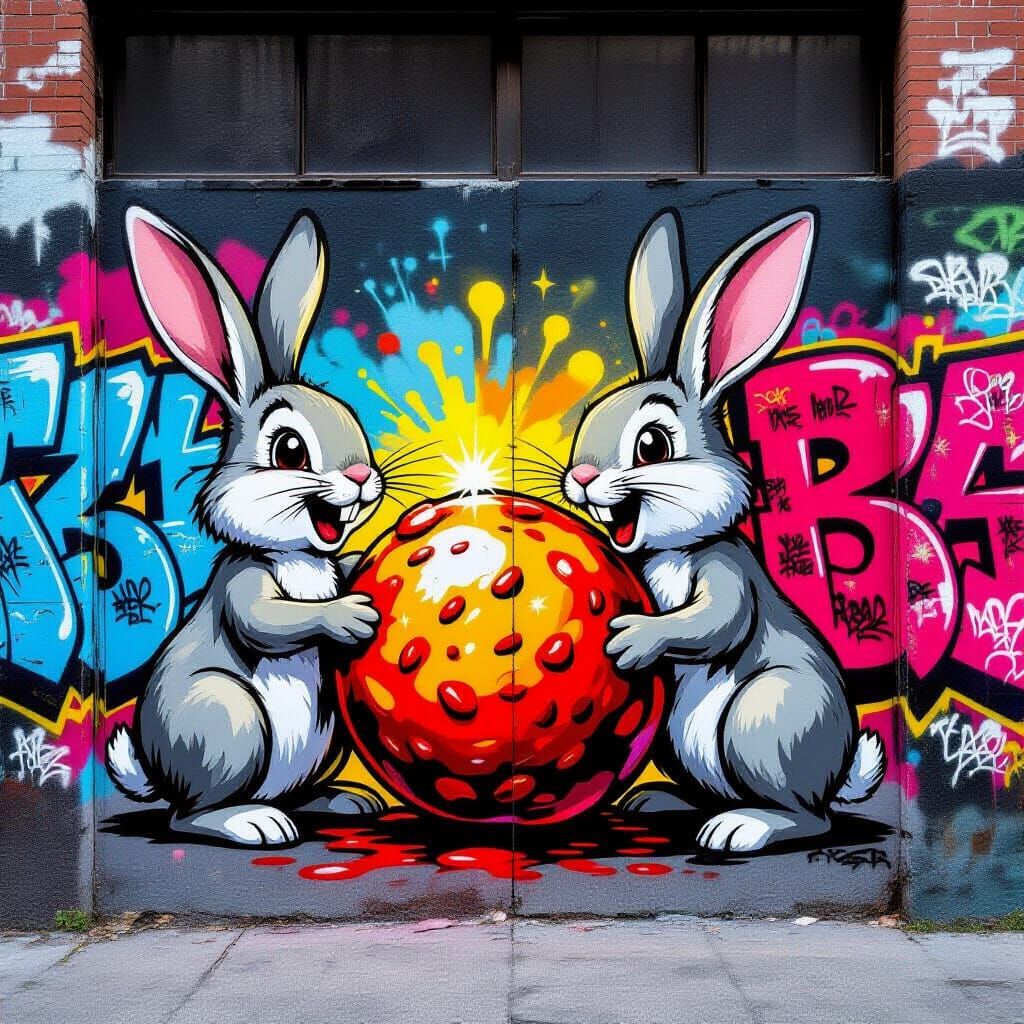 Graffiti Mural: Rabbits Share Giant Meatball in Urban Style