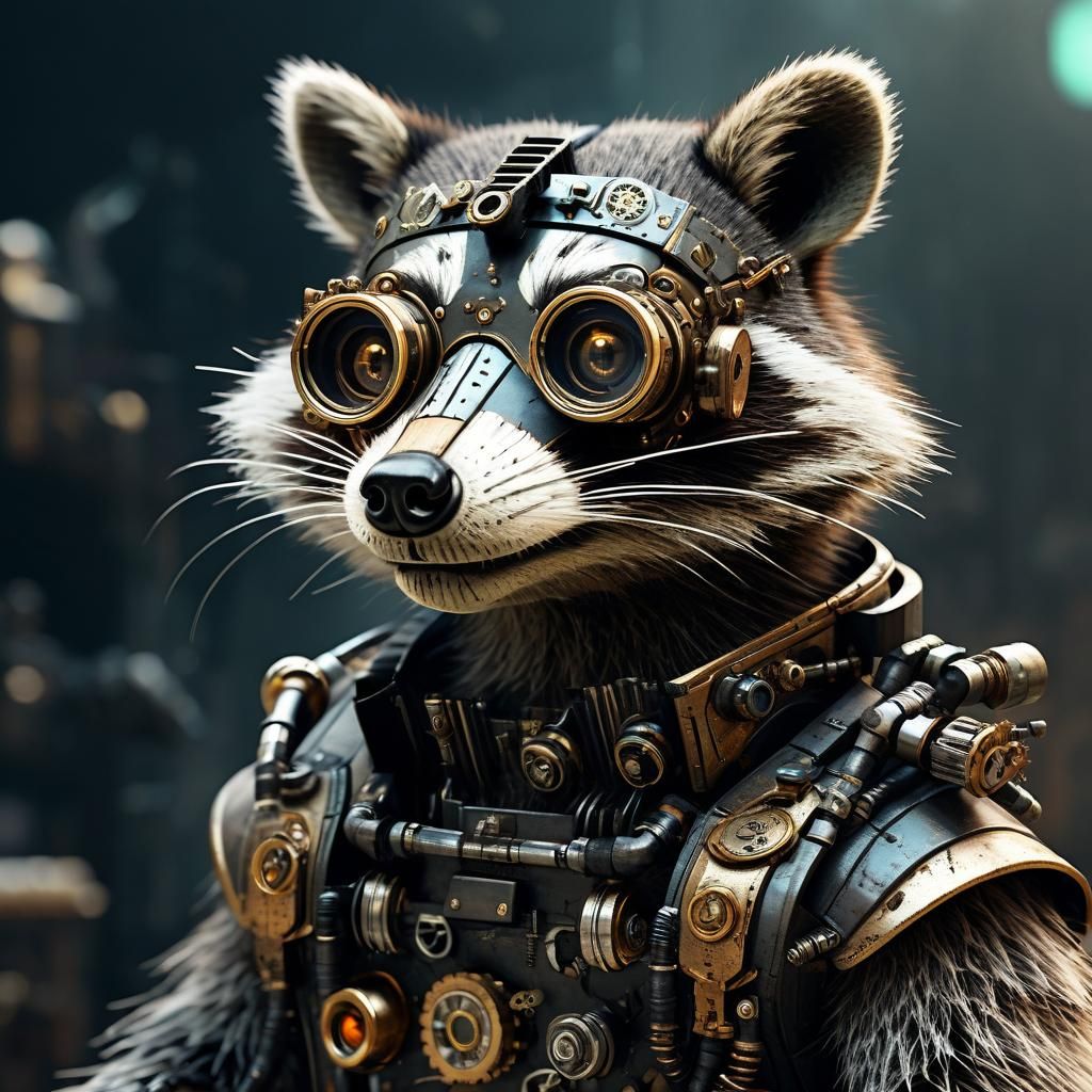 Steampunk Raccoon in Cyberpunk Dystopia
