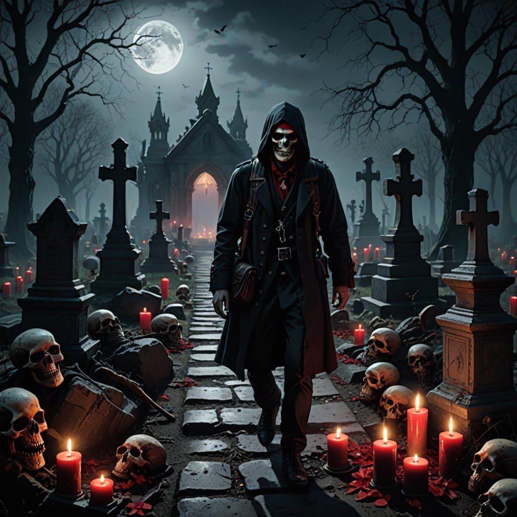 Gothic Cemetery Ritual in Dark Oil Painting Style