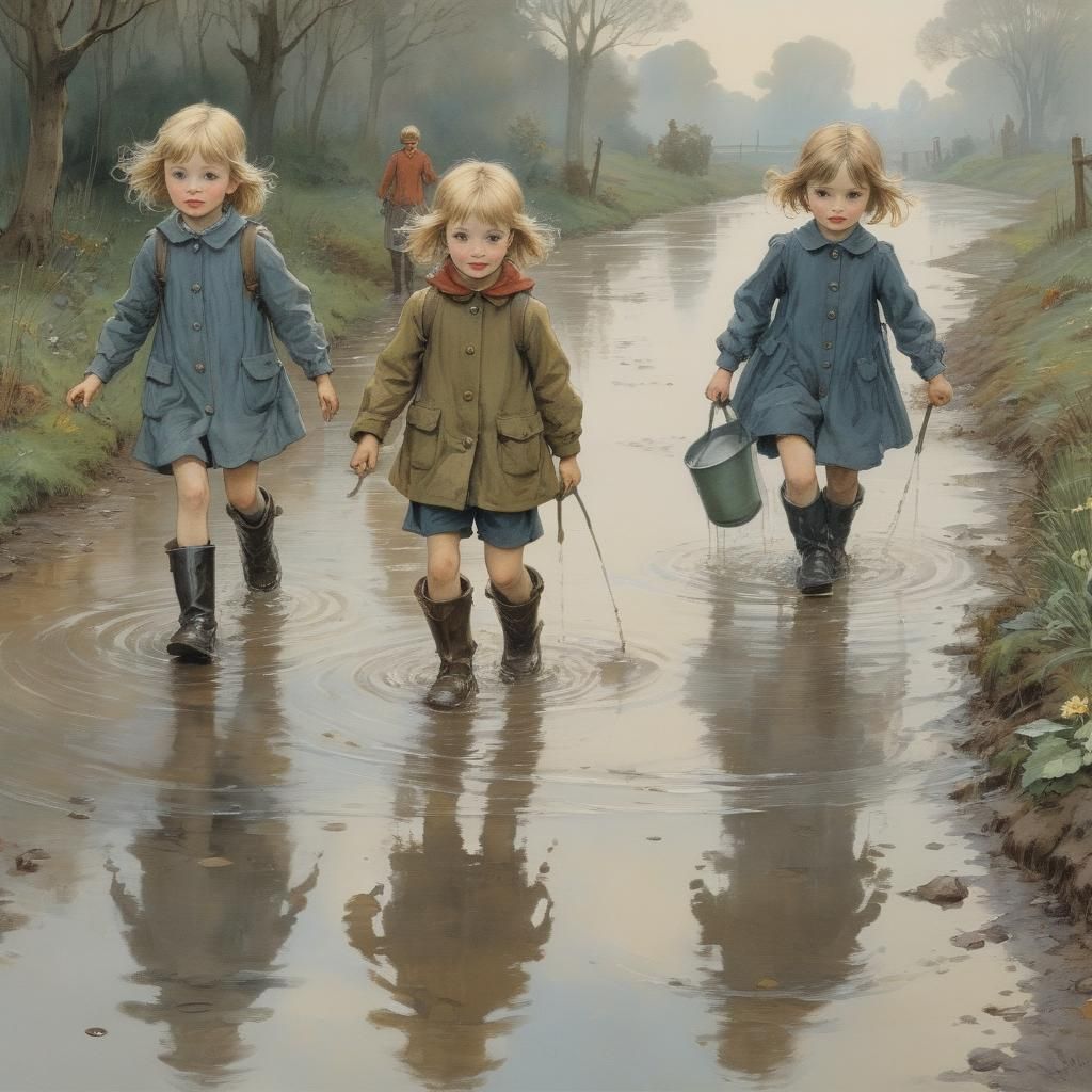 Children's Puddle Adventure in Golden Age Illustration Style
