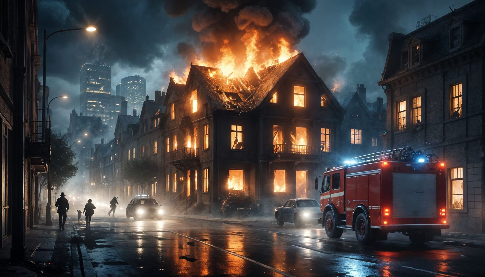 Apartment Building Inferno Under Dramatic Night Sky