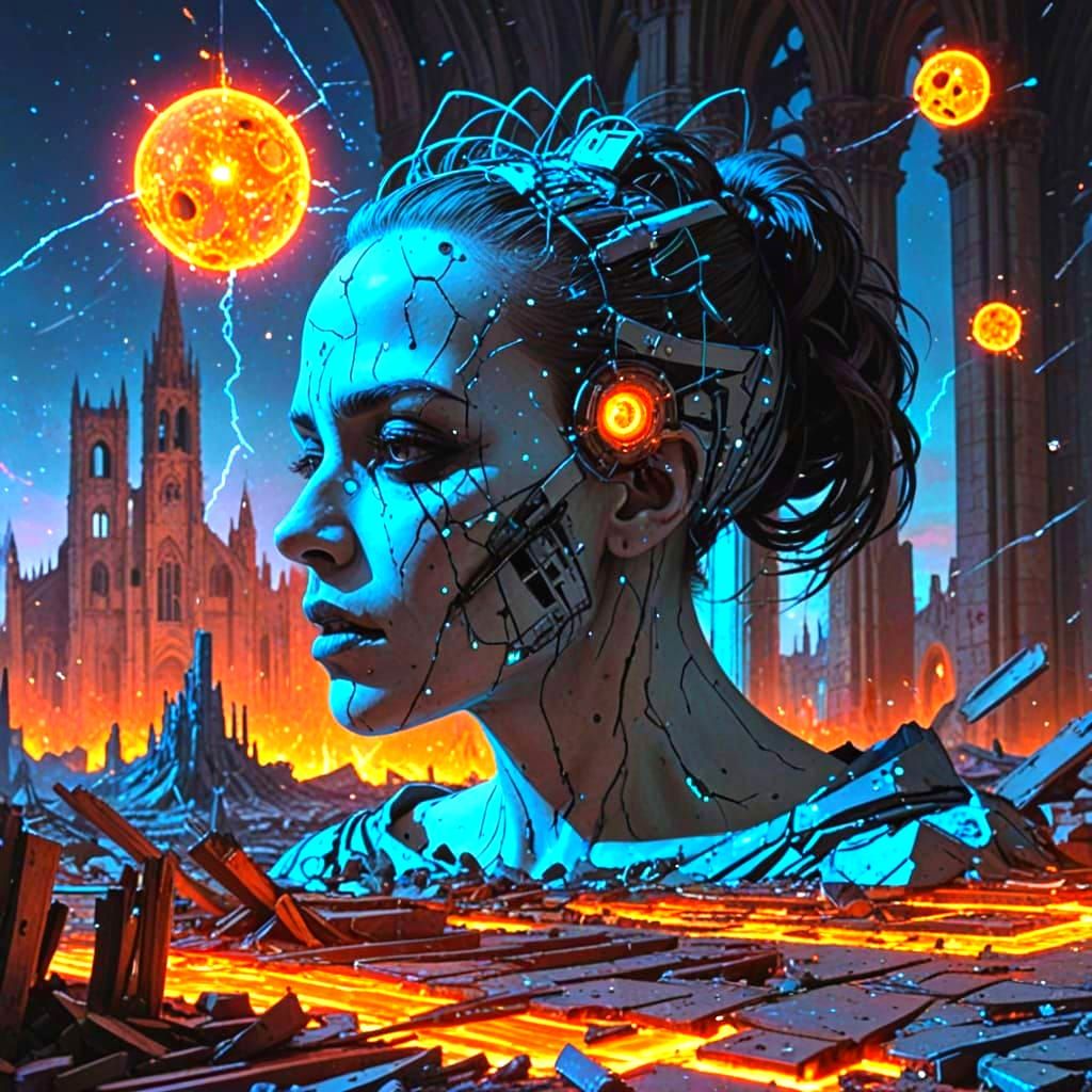 Cyber-Gothic Mother in Ruined Cathedral, Glitch Art