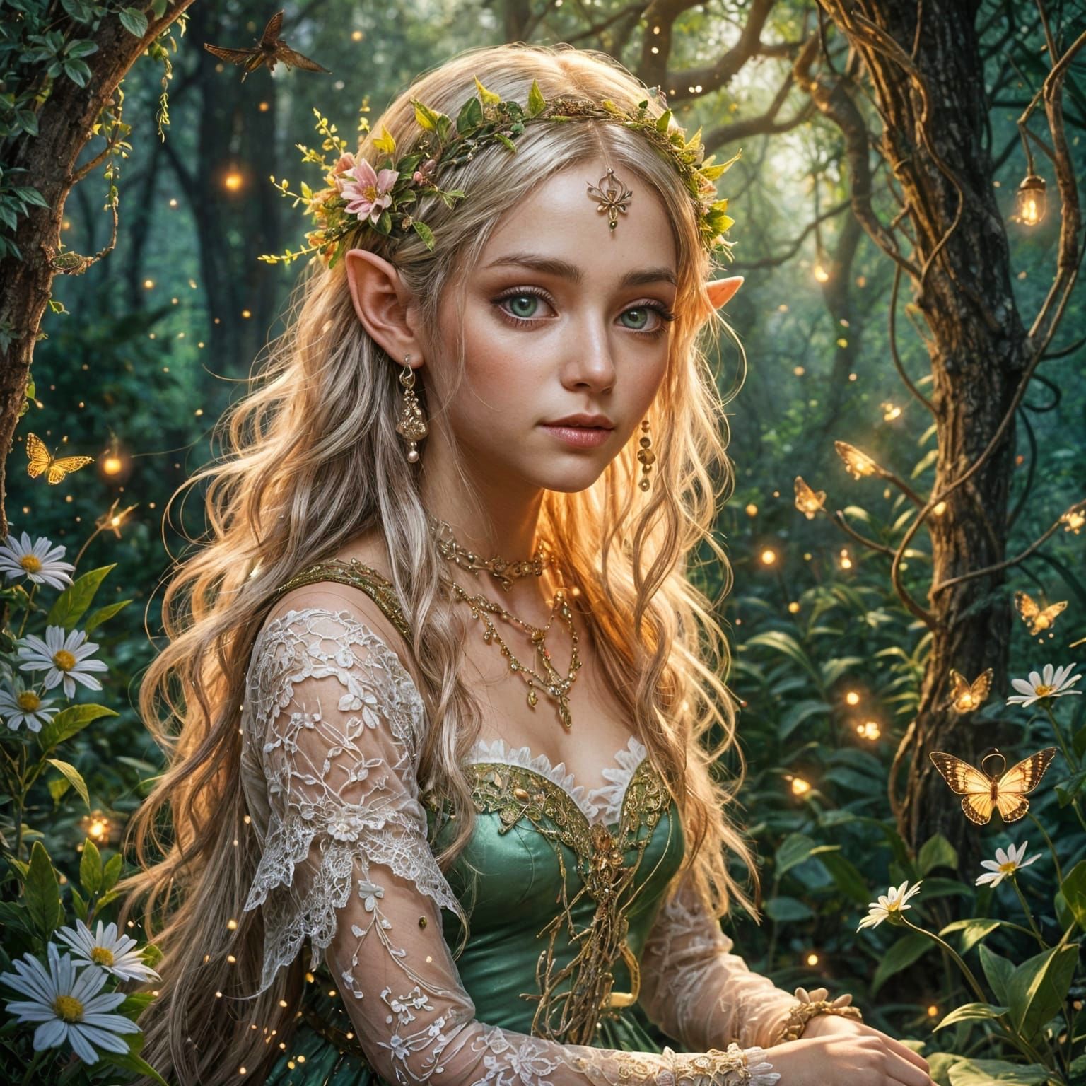 Whimsical Elven Princess in Enchanted Garden