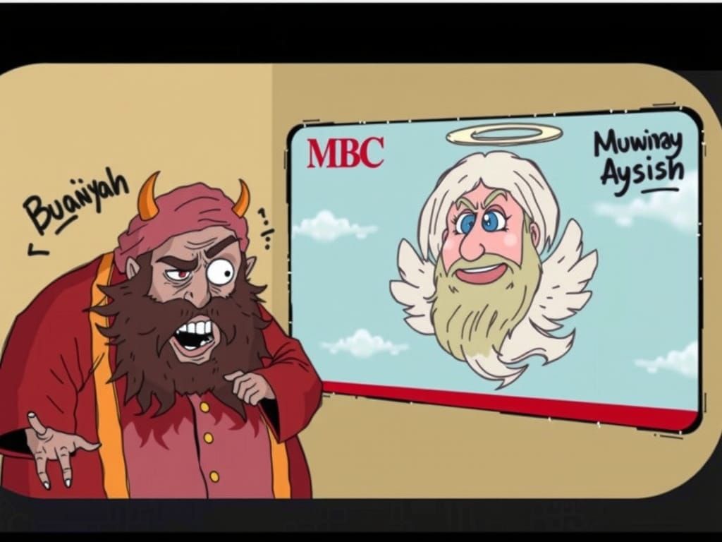 Satirical Anime Caricature with Comedic Devil and Angelic TV...