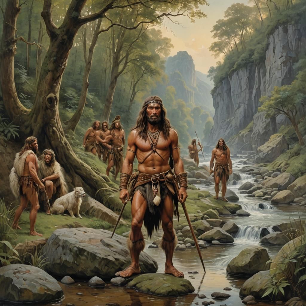 Prehistoric Hunter Family Along River, Oil Painting