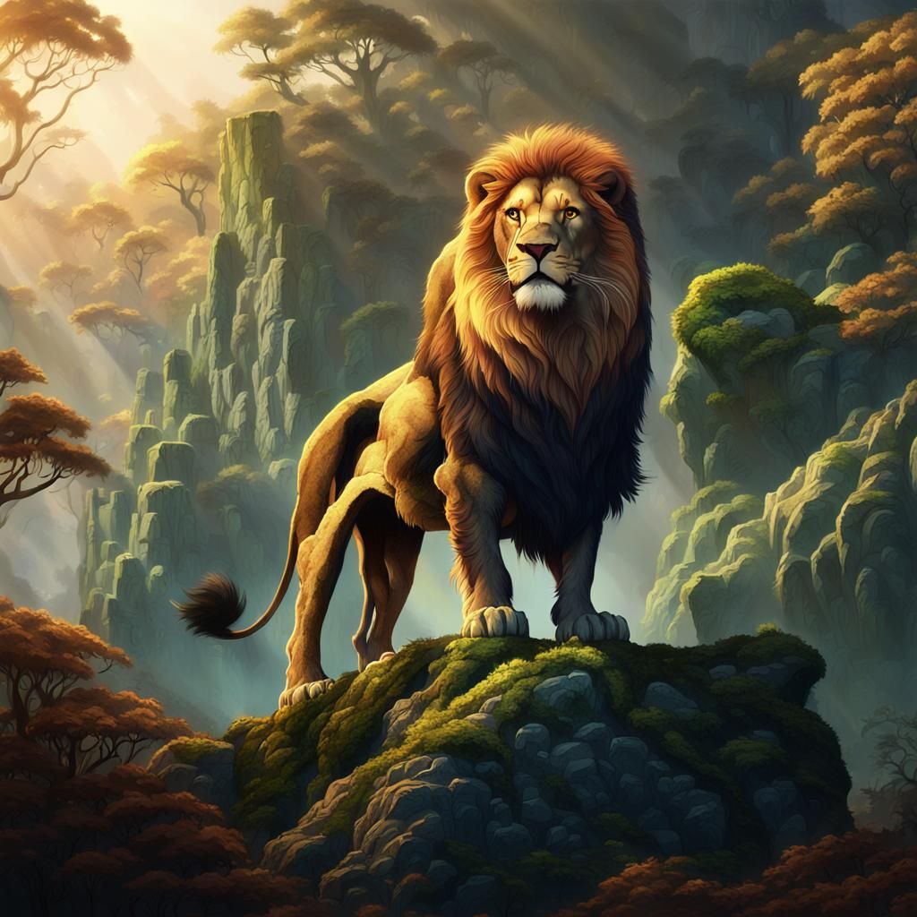 Majestic Lion in Mystical Forest Concept Art