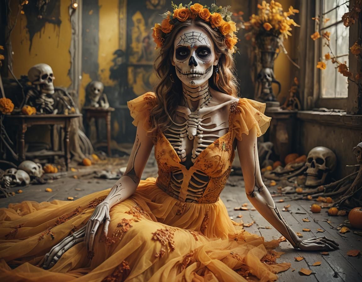 Day of the Dead Woman in Shadowy Graffiti Art