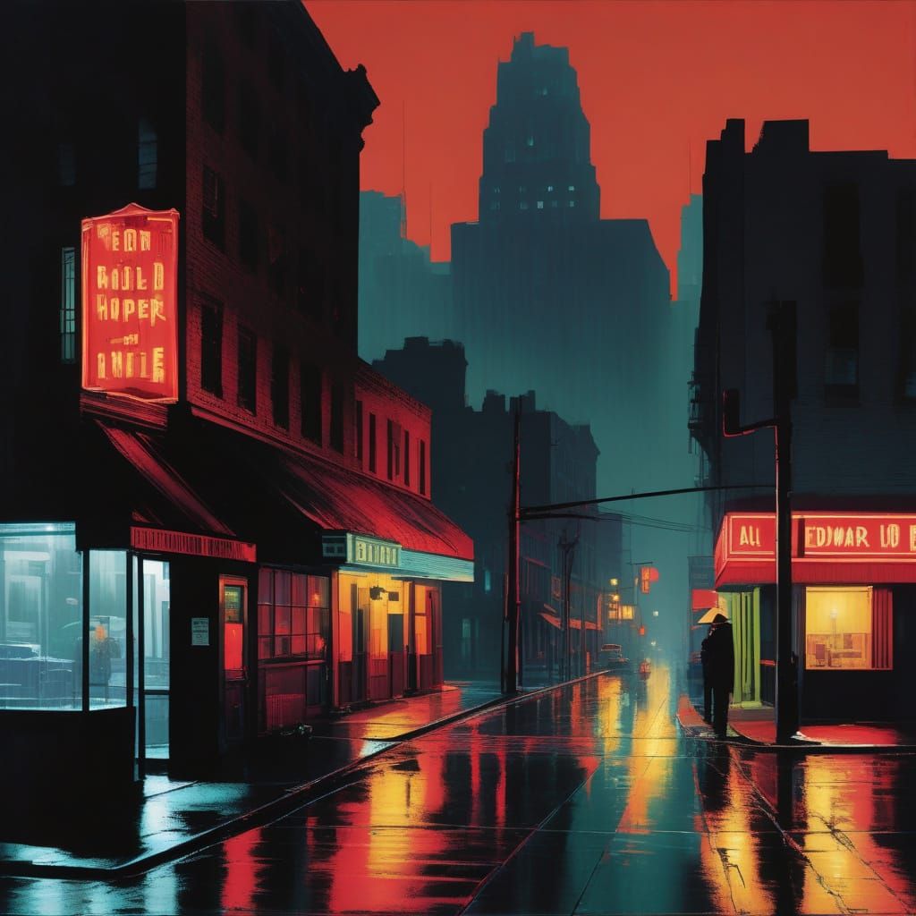 Film Noir Rainy Neon Streetscape with Bold Shadows