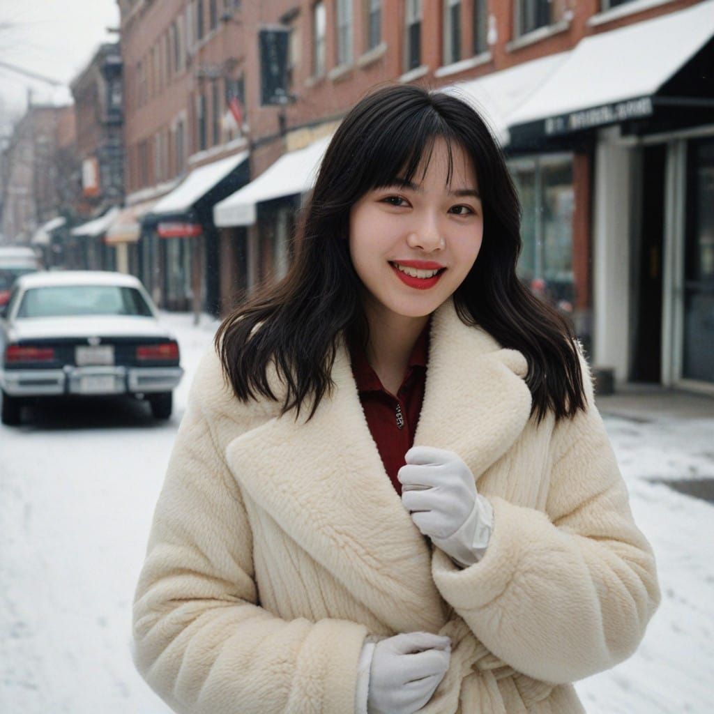 Chubby Winter Girl Smiles in Fur-Lined Jacket on Snowy Stree...