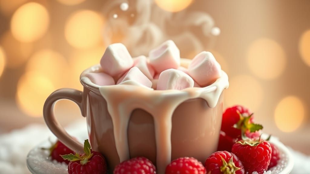 Rich Hot Chocolate with Marshmallows and Raspberries in Warm...