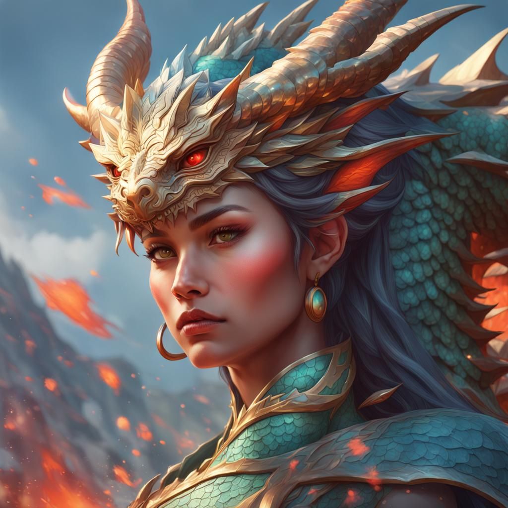 Dragon Woman Portrait in Art Nouveau Style
