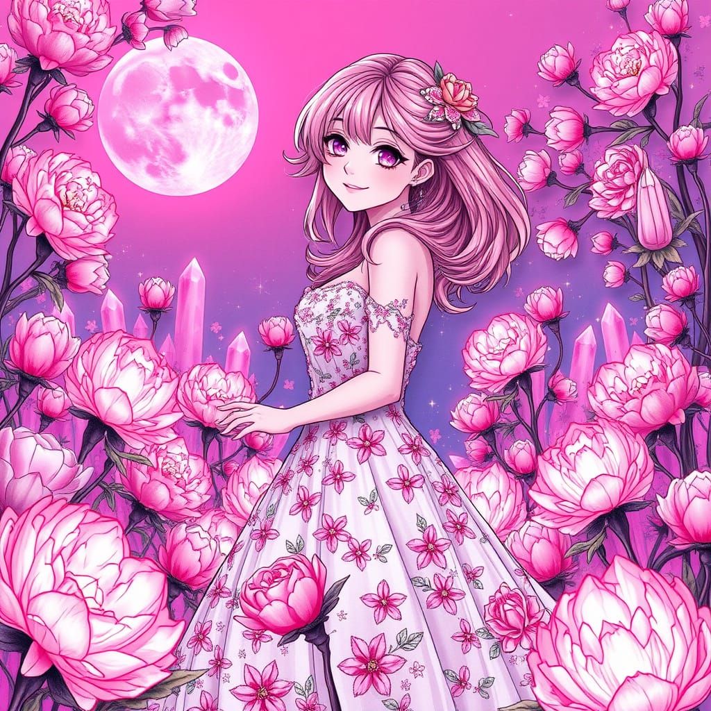 Anime Woman in Pink Peony Gown in Crystalline World