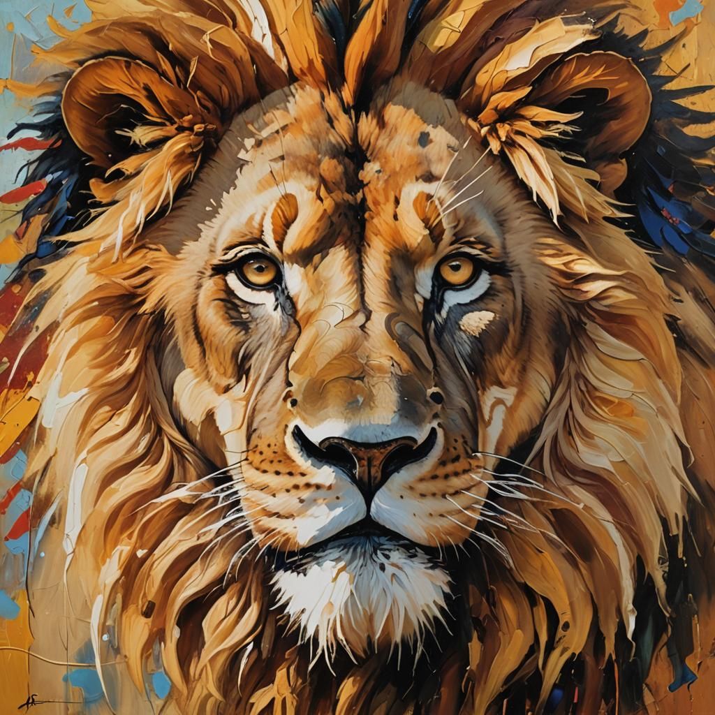 Regal Lion Portrait in Expressionist Oil Painting